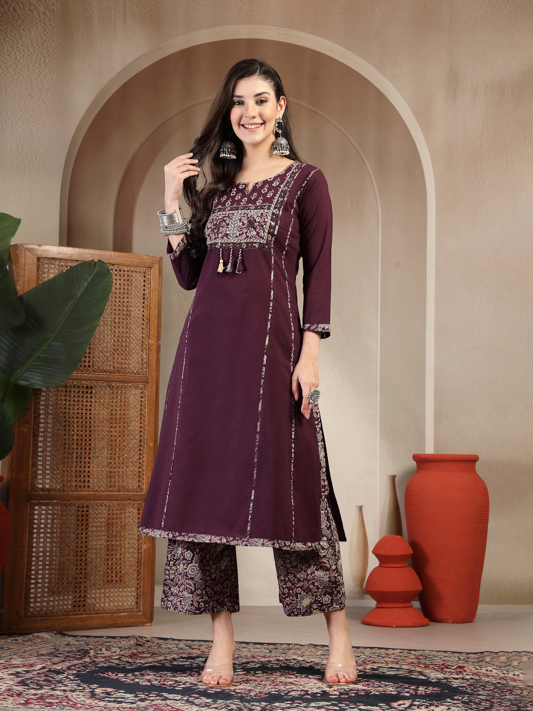 Cotton Calf Length Solid 3/4 Sleeve Round Neck Straight Kurta Suit Set With Dupatta