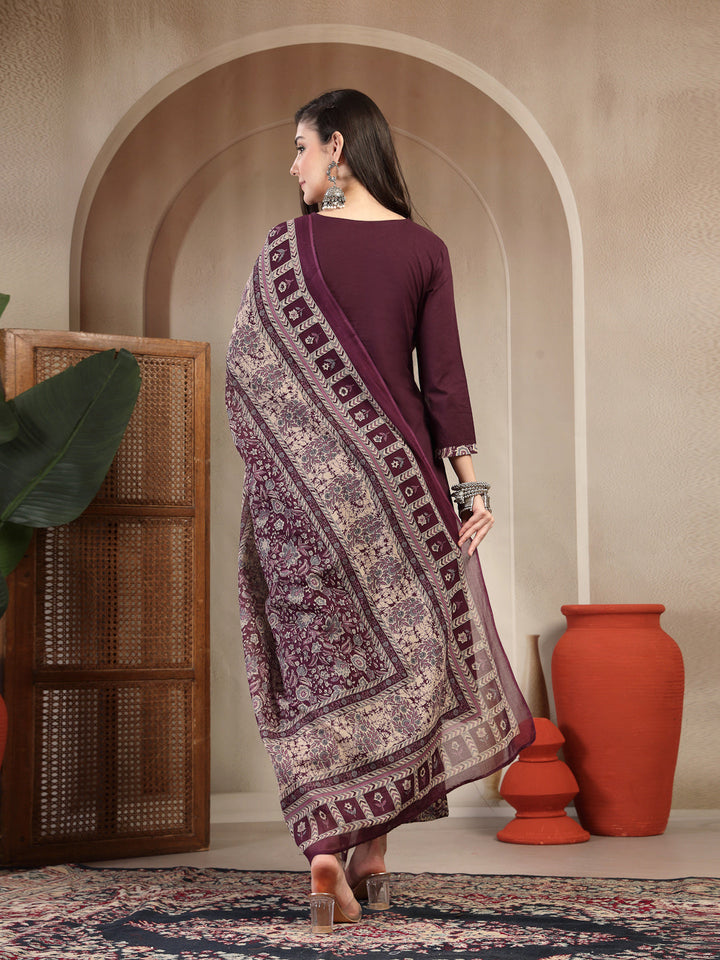 Cotton Calf Length Solid 3/4 Sleeve Round Neck Straight Kurta Suit Set With Dupatta