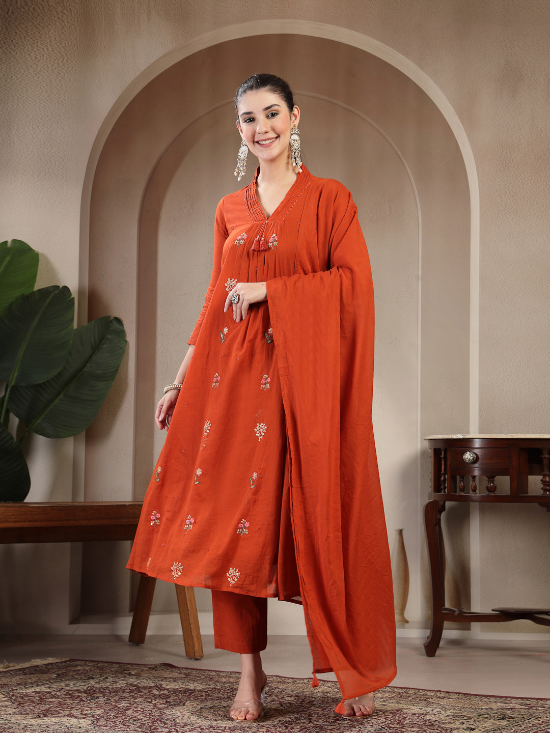 Cotton Calf Length Printed 3/4 Sleeve V Neck Straight Kurta Suit Set With Dupatta