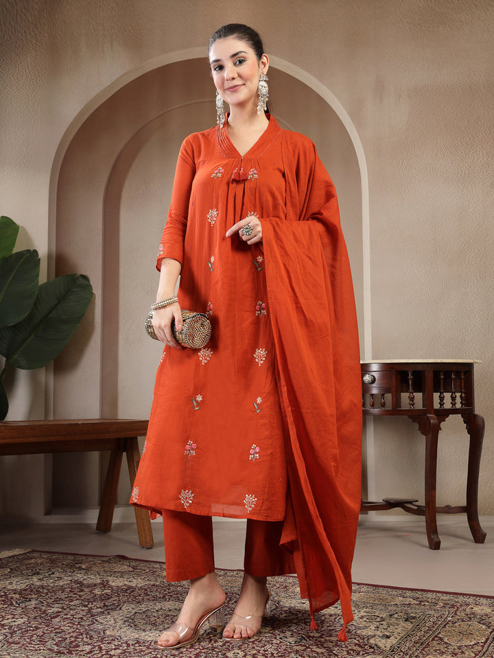 Cotton Calf Length Printed 3/4 Sleeve V Neck Straight Kurta Suit Set With Dupatta