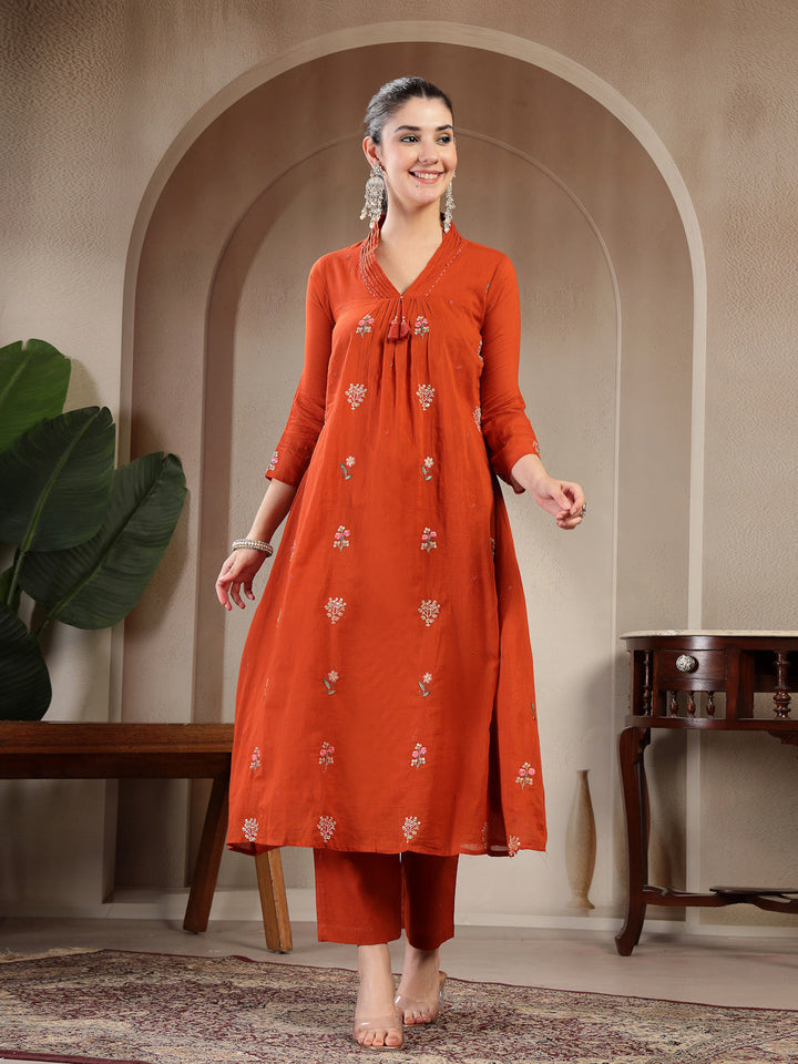 Cotton Calf Length Printed 3/4 Sleeve V Neck Straight Kurta Suit Set With Dupatta