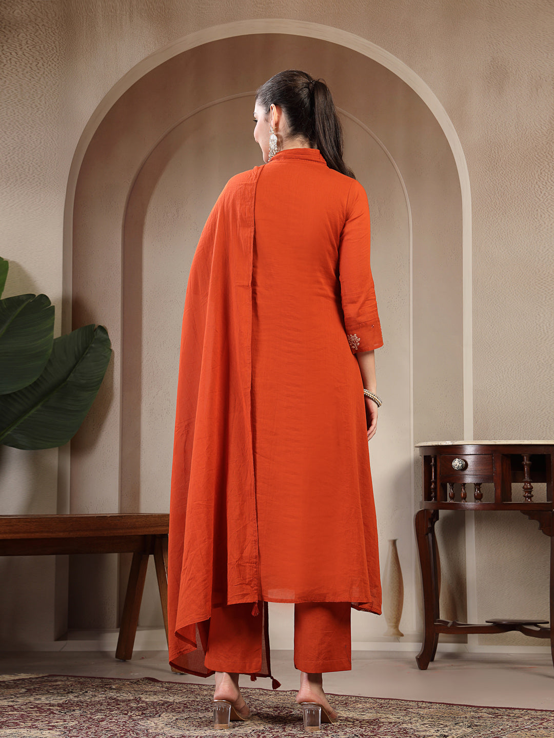 Cotton Calf Length Printed 3/4 Sleeve V Neck Straight Kurta Suit Set With Dupatta (Pre-Order)