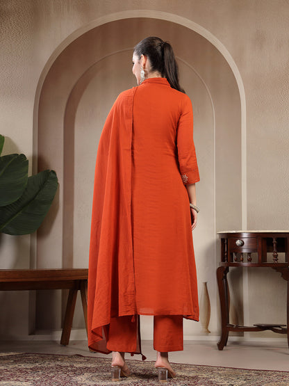 Cotton Calf Length Printed 3/4 Sleeve V Neck Straight Kurta Suit Set With Dupatta