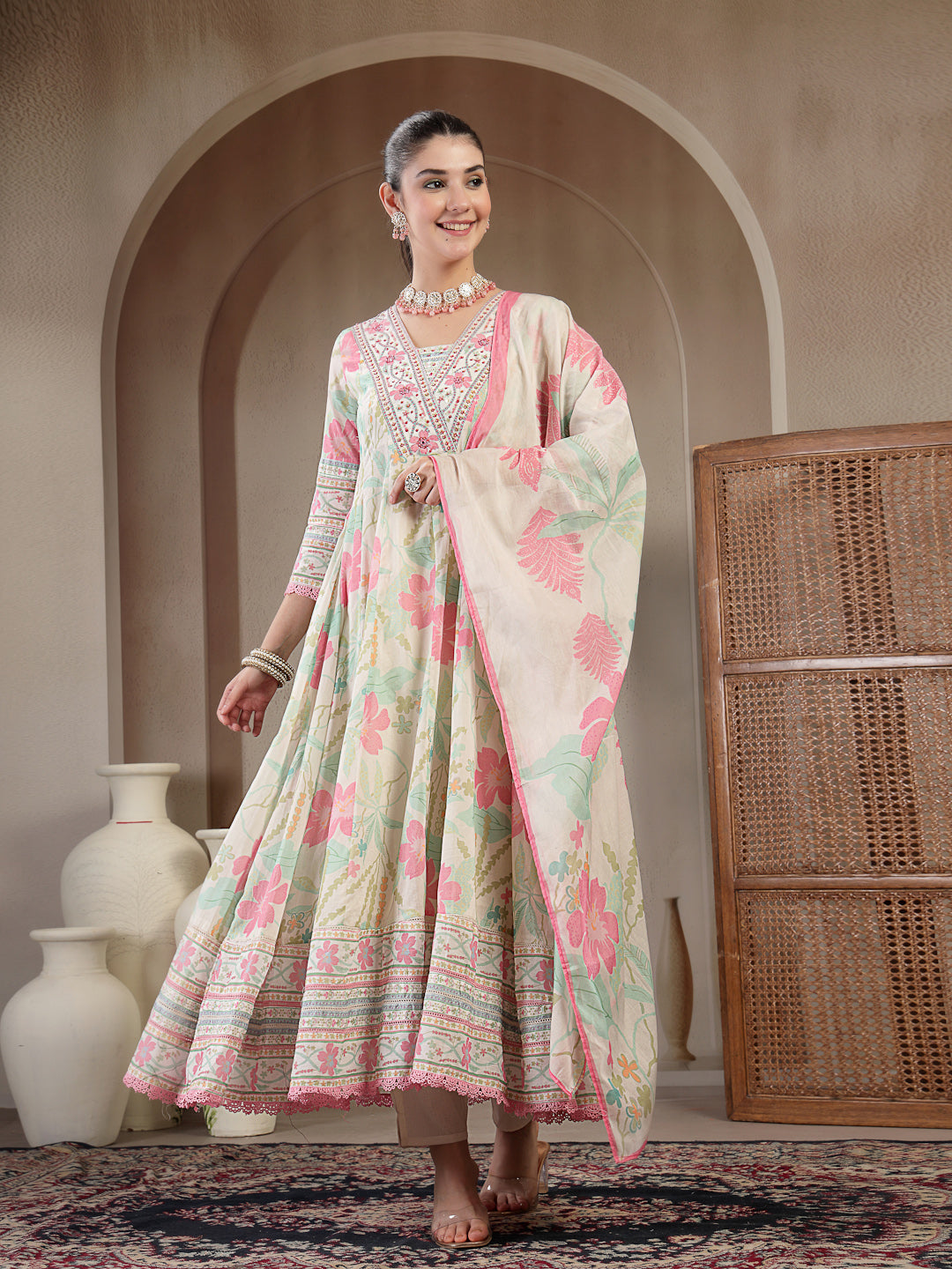 Cotton Calf Length Printed 3/4 Sleeve V Neck Flared Kurta Suit Set With Dupatta (Pre-Order)