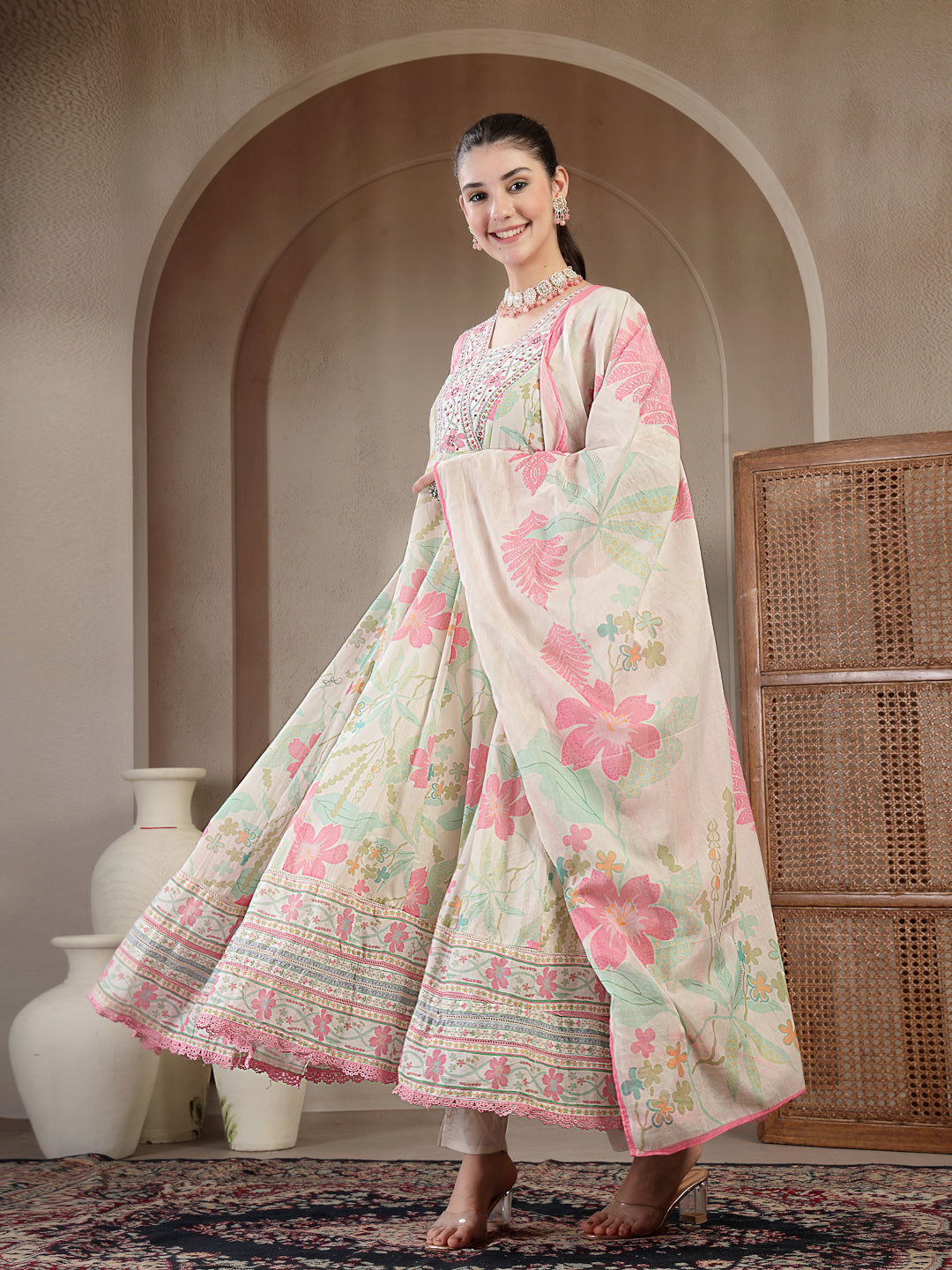 Cotton Calf Length Printed 3/4 Sleeve V Neck Flared Kurta Suit Set With Dupatta