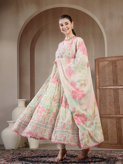 Cotton Calf Length Printed 3/4 Sleeve V Neck Flared Kurta Suit Set With Dupatta