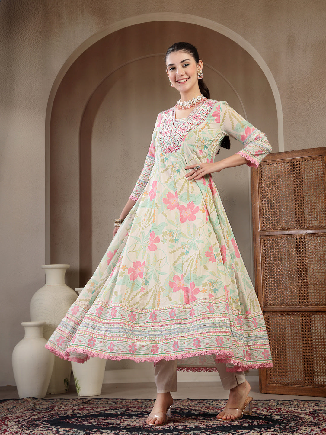 Cotton Calf Length Printed 3/4 Sleeve V Neck Flared Kurta Suit Set With Dupatta