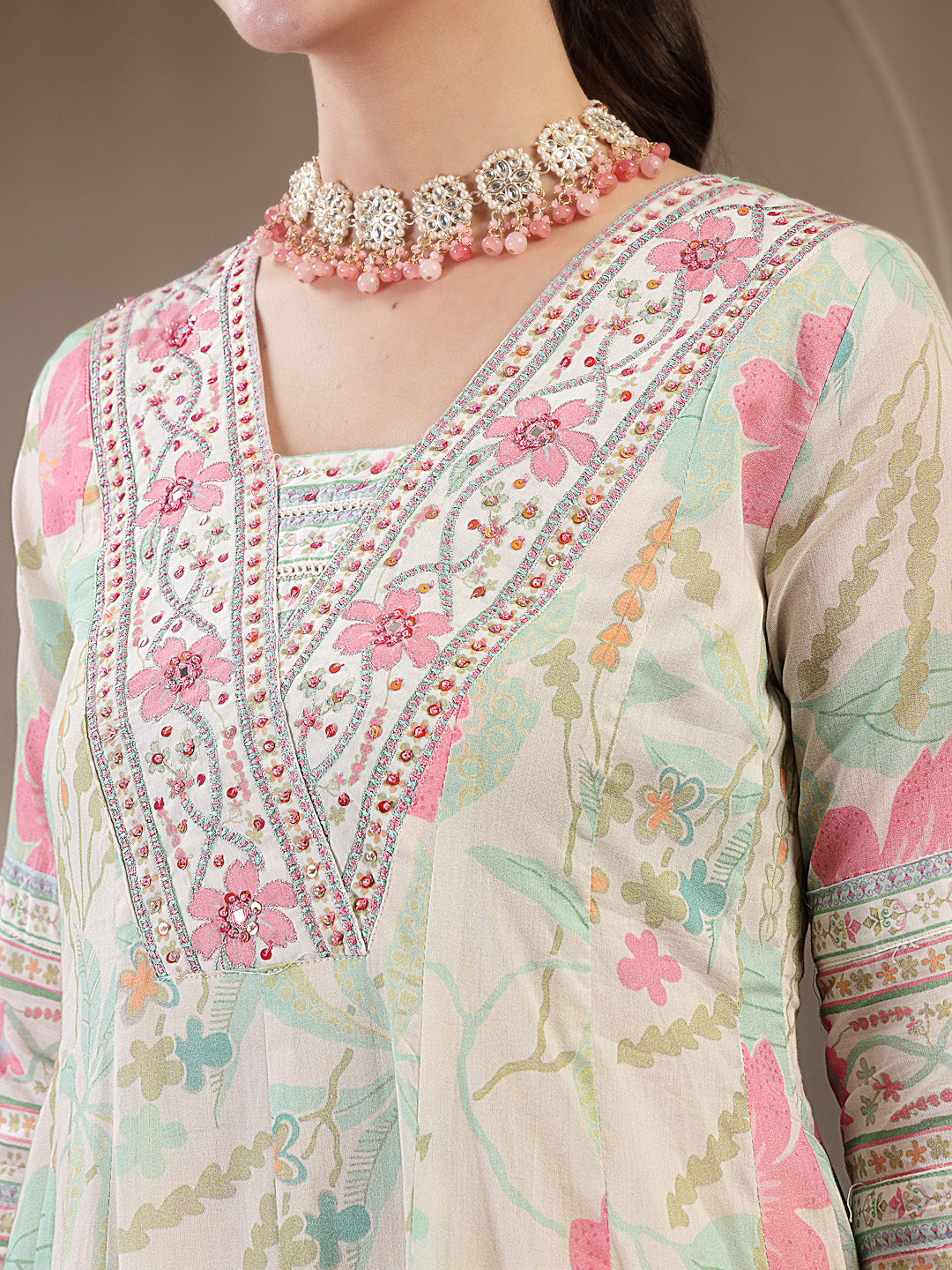 Cotton Calf Length Printed 3/4 Sleeve V Neck Flared Kurta Suit Set With Dupatta