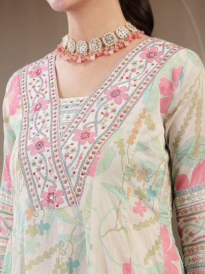 Cotton Calf Length Printed 3/4 Sleeve V Neck Flared Kurta Suit Set With Dupatta