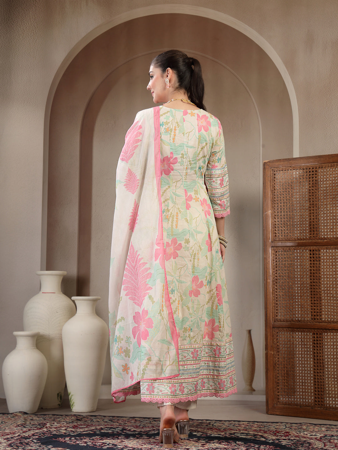 Cotton Calf Length Printed 3/4 Sleeve V Neck Flared Kurta Suit Set With Dupatta