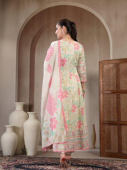 Cotton Calf Length Printed 3/4 Sleeve V Neck Flared Kurta Suit Set With Dupatta