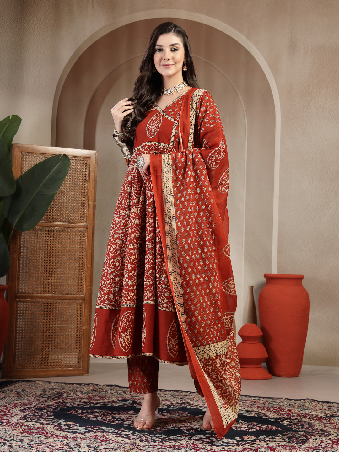 Cotton Calf Length Printed 3/4 Sleeve V Neck Flared Kurta Suit Set With Dupatta