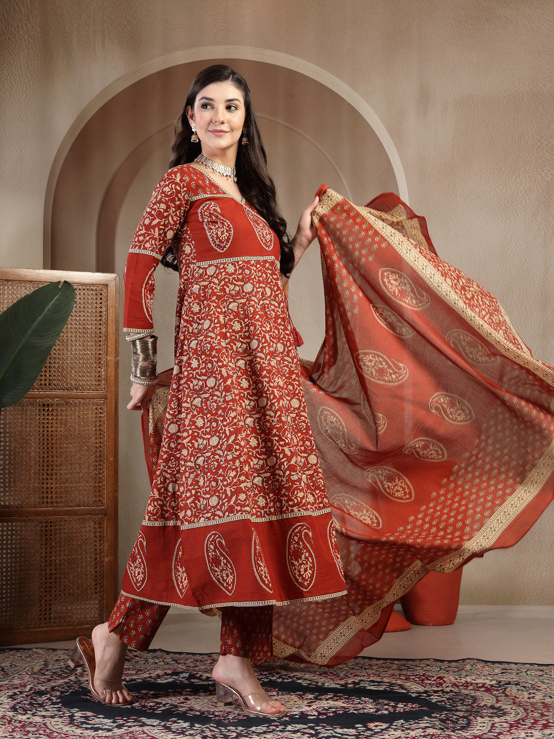 Cotton Calf Length Printed 3/4 Sleeve V Neck Flared Kurta Suit Set With Dupatta (Pre-Order)