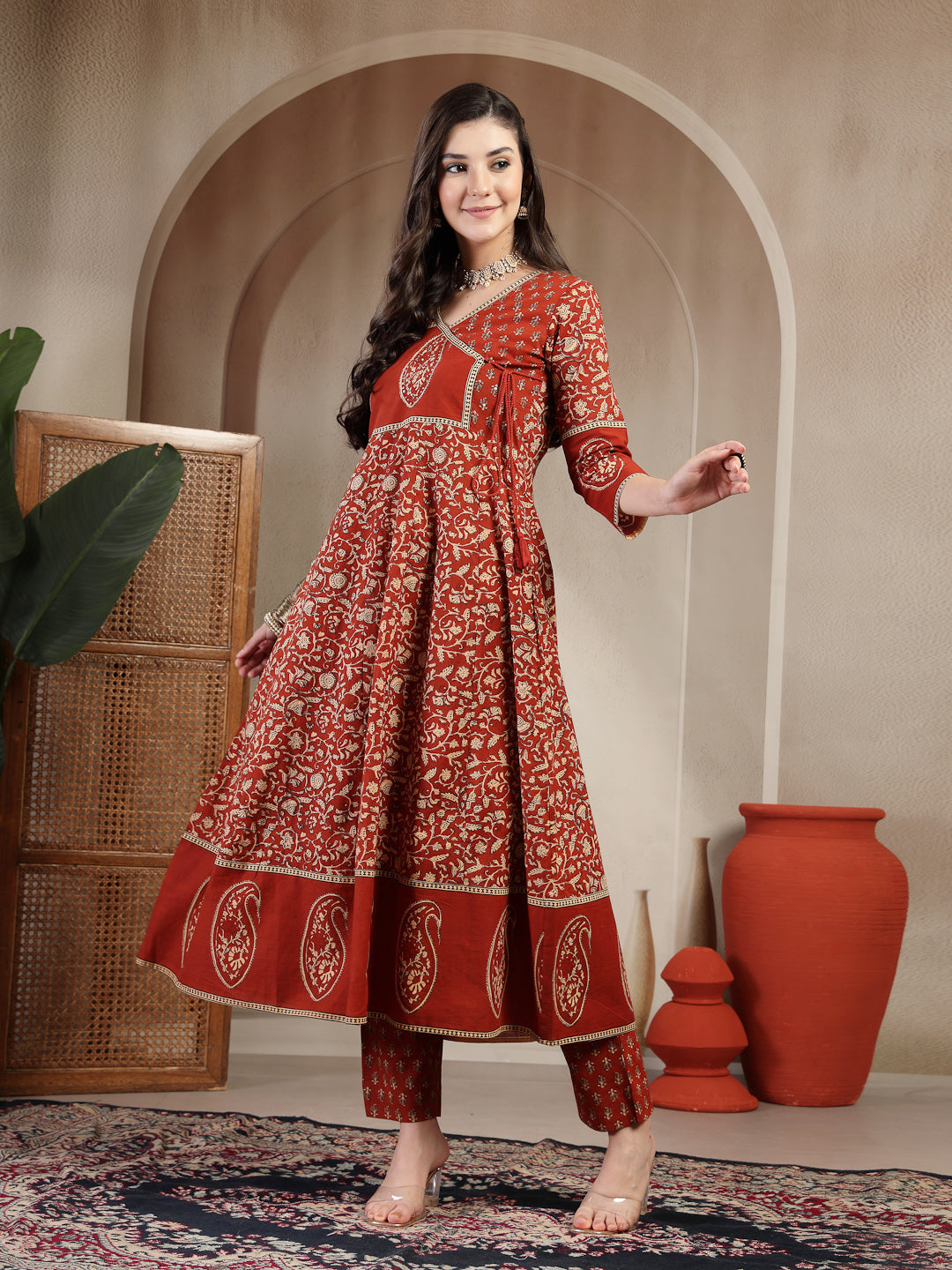Cotton Calf Length Printed 3/4 Sleeve V Neck Flared Kurta Suit Set With Dupatta