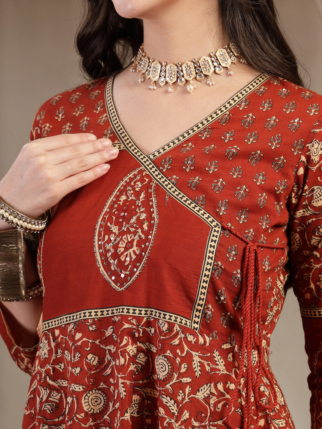 Cotton Calf Length Printed 3/4 Sleeve V Neck Flared Kurta Suit Set With Dupatta