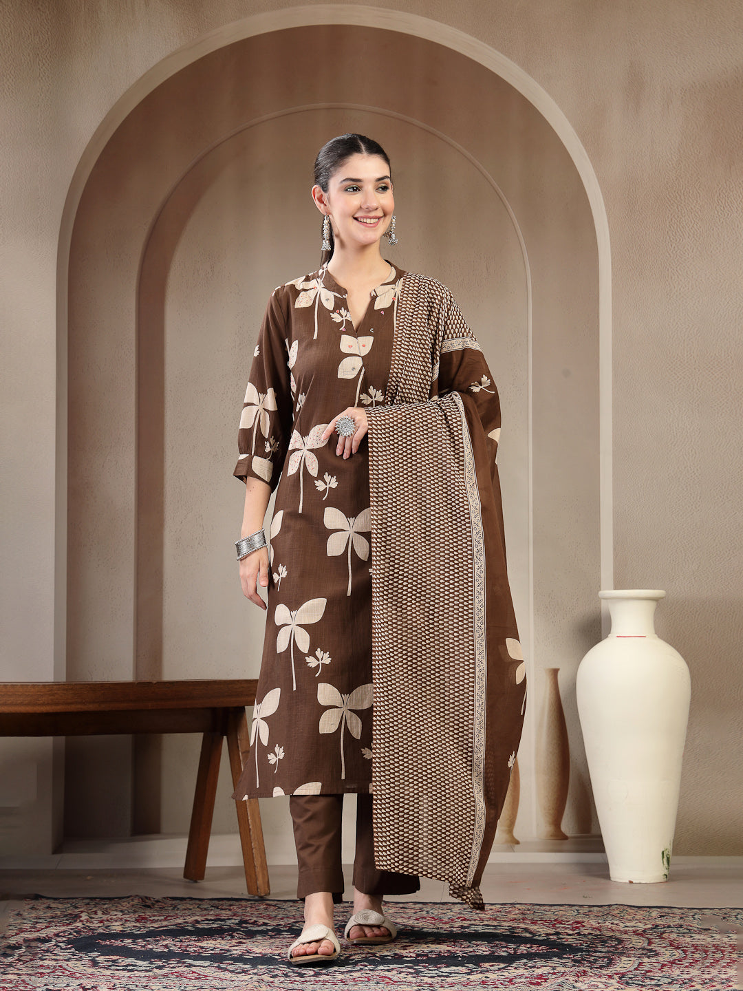 Cotton Calf Length Printed 3/4 Sleeve Mandarin Collar Straight Kurta Suit Set With Dupatta (Pre-Order)