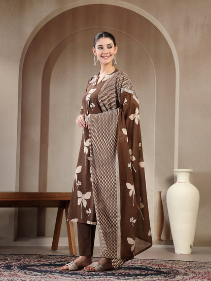 Cotton Calf Length Printed 3/4 Sleeve Mandarin Collar Straight Kurta Suit Set With Dupatta