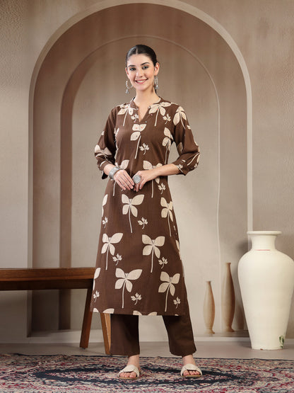 Cotton Calf Length Printed 3/4 Sleeve Mandarin Collar Straight Kurta Suit Set With Dupatta