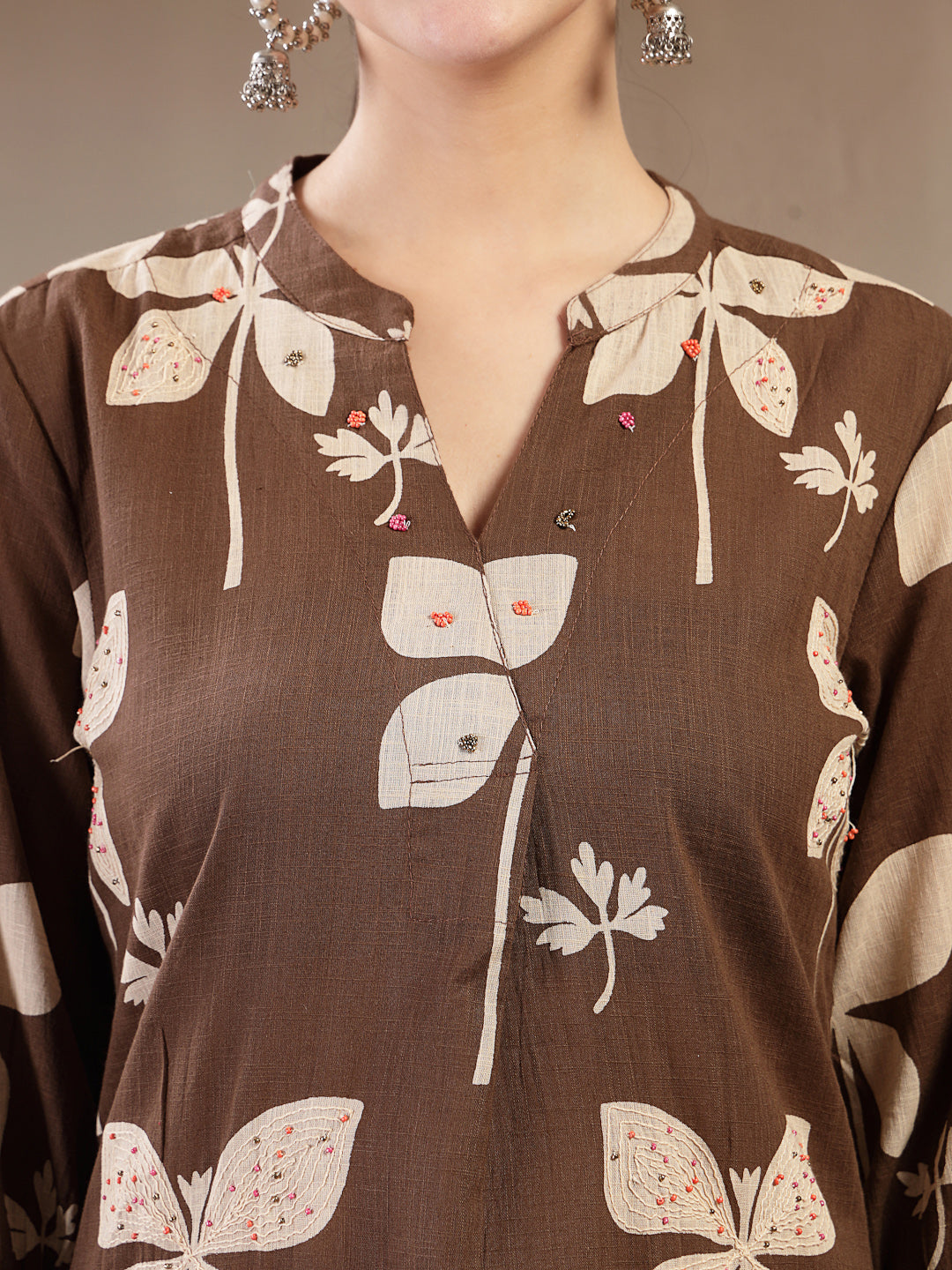 Cotton Calf Length Printed 3/4 Sleeve Mandarin Collar Straight Kurta Suit Set With Dupatta