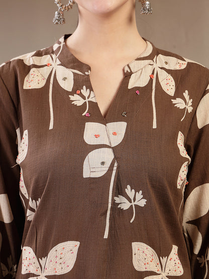 Cotton Calf Length Printed 3/4 Sleeve Mandarin Collar Straight Kurta Suit Set With Dupatta