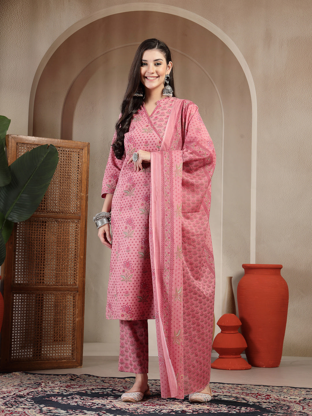 Cotton Calf Length Printed 3/4 Sleeve Mandarin Collar Straight Kurta Suit Set With Dupatta