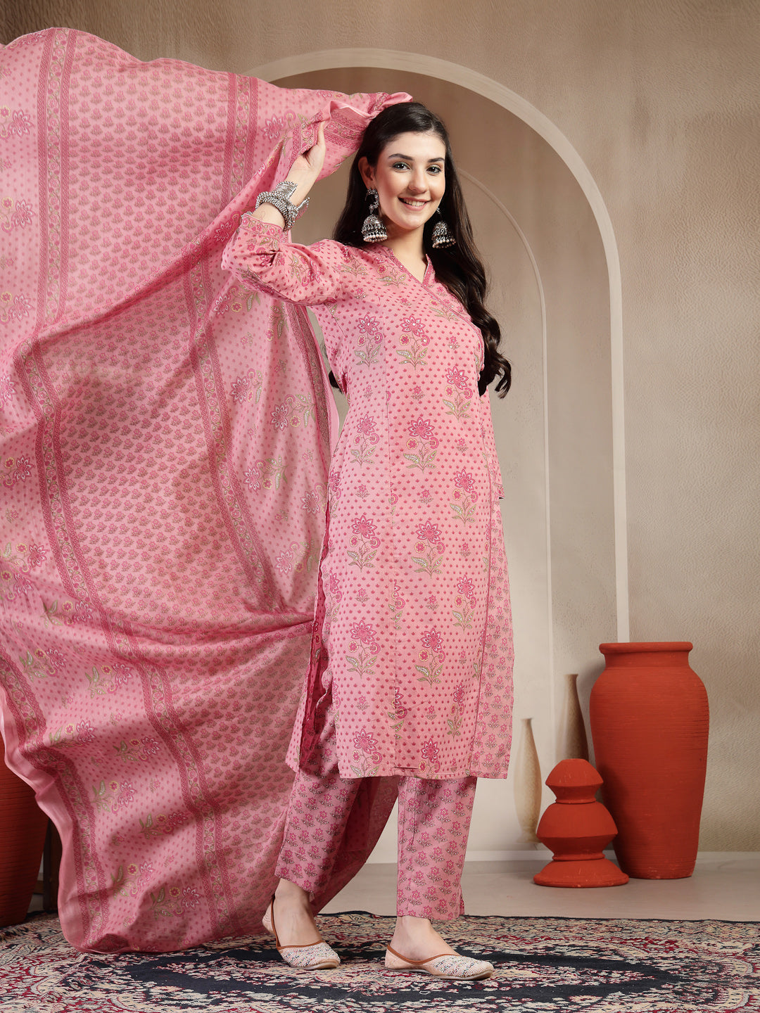 Cotton Calf Length Printed 3/4 Sleeve Mandarin Collar Straight Kurta Suit Set With Dupatta