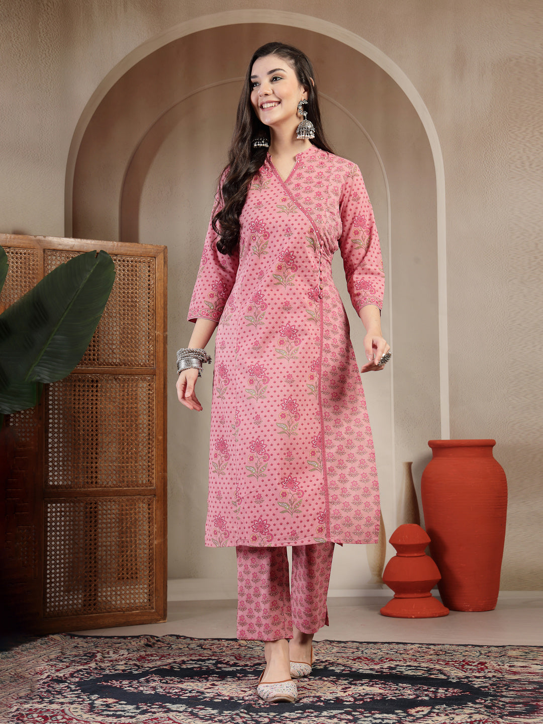 Cotton Calf Length Printed 3/4 Sleeve Mandarin Collar Straight Kurta Suit Set With Dupatta (Pre-Order)