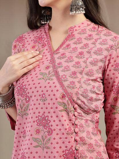 Cotton Calf Length Printed 3/4 Sleeve Mandarin Collar Straight Kurta Suit Set With Dupatta