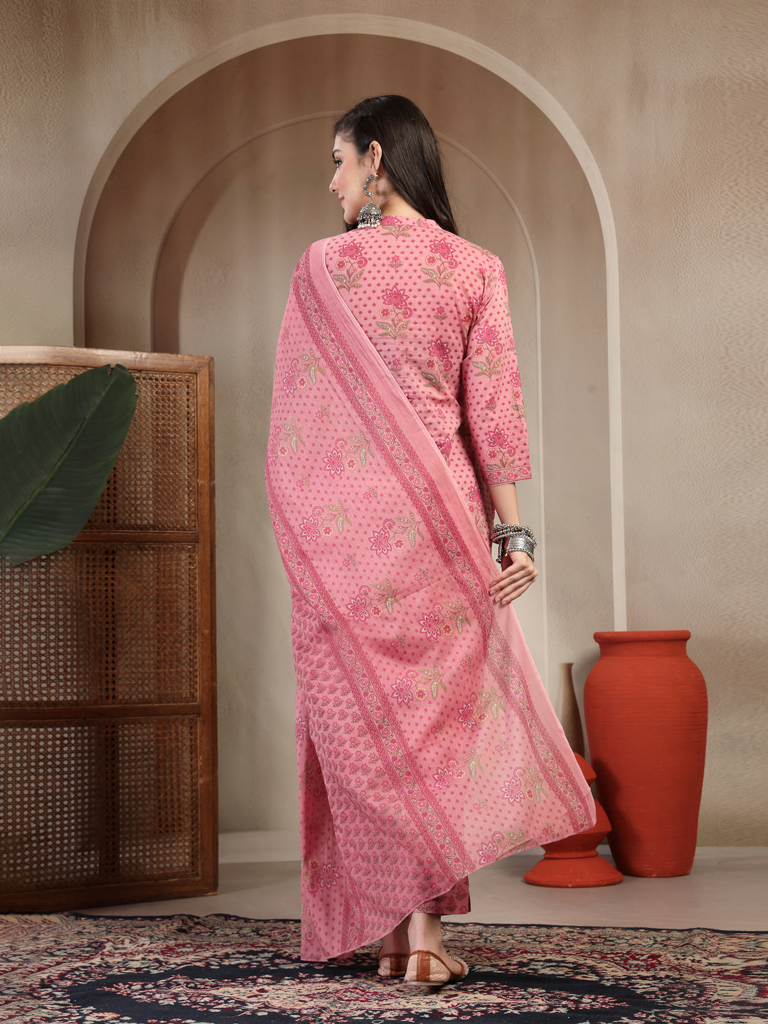 Cotton Calf Length Printed 3/4 Sleeve Mandarin Collar Straight Kurta Suit Set With Dupatta (Pre-Order)
