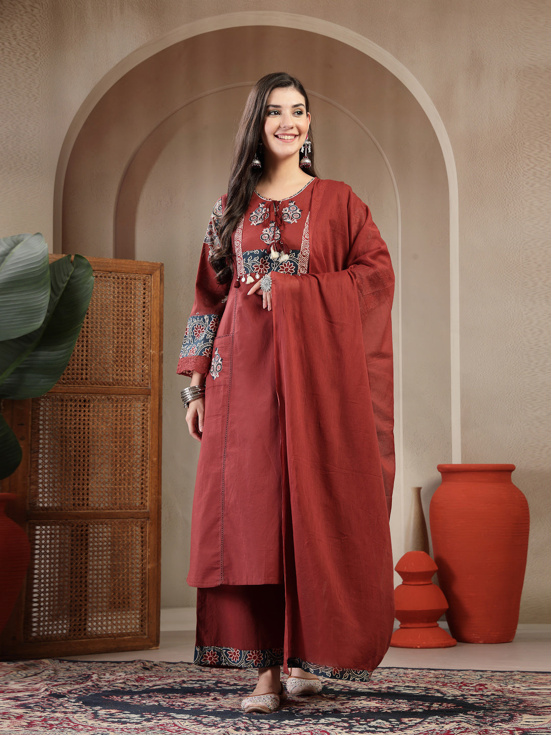 Rayon Calf Length Solid 3/4 Sleeve Round Neck Straight Kurta Suit Set With Dupatta