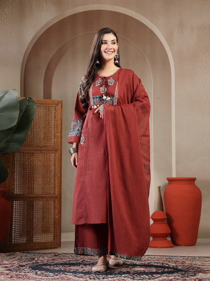 Rayon Calf Length Solid 3/4 Sleeve Round Neck Straight Kurta Suit Set With Dupatta