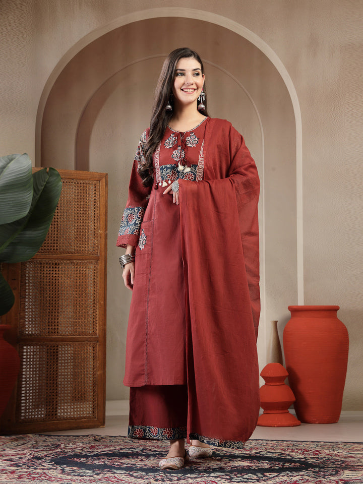 Rayon Calf Length Solid 3/4 Sleeve Round Neck Straight Kurta Suit Set With Dupatta