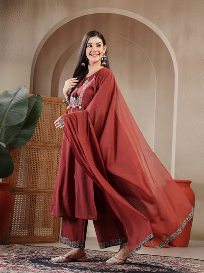 Rayon Calf Length Solid 3/4 Sleeve Round Neck Straight Kurta Suit Set With Dupatta