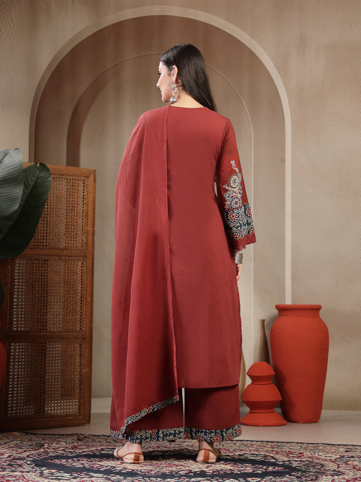 Rayon Calf Length Solid 3/4 Sleeve Round Neck Straight Kurta Suit Set With Dupatta