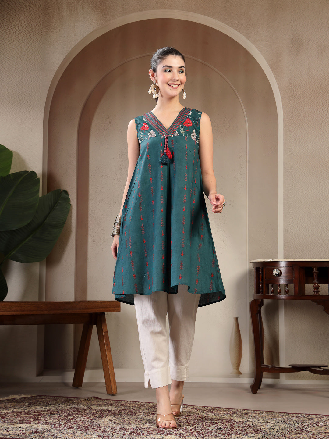 Rayon Calf Length Solid Sleeveless V Neck A Line Kurta