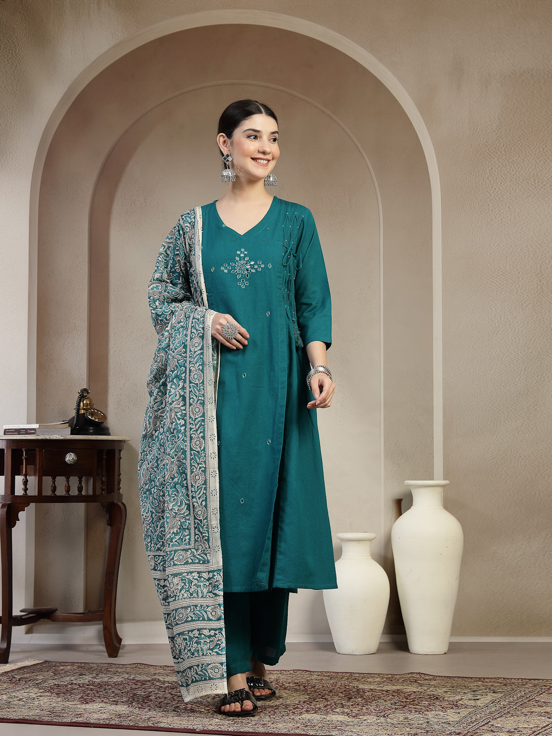 Cotton Calf Length Solid 3/4 Sleeve V Neck A Line Kurta Suit Set With Dupatta With Dupatta (Pre-Order)
