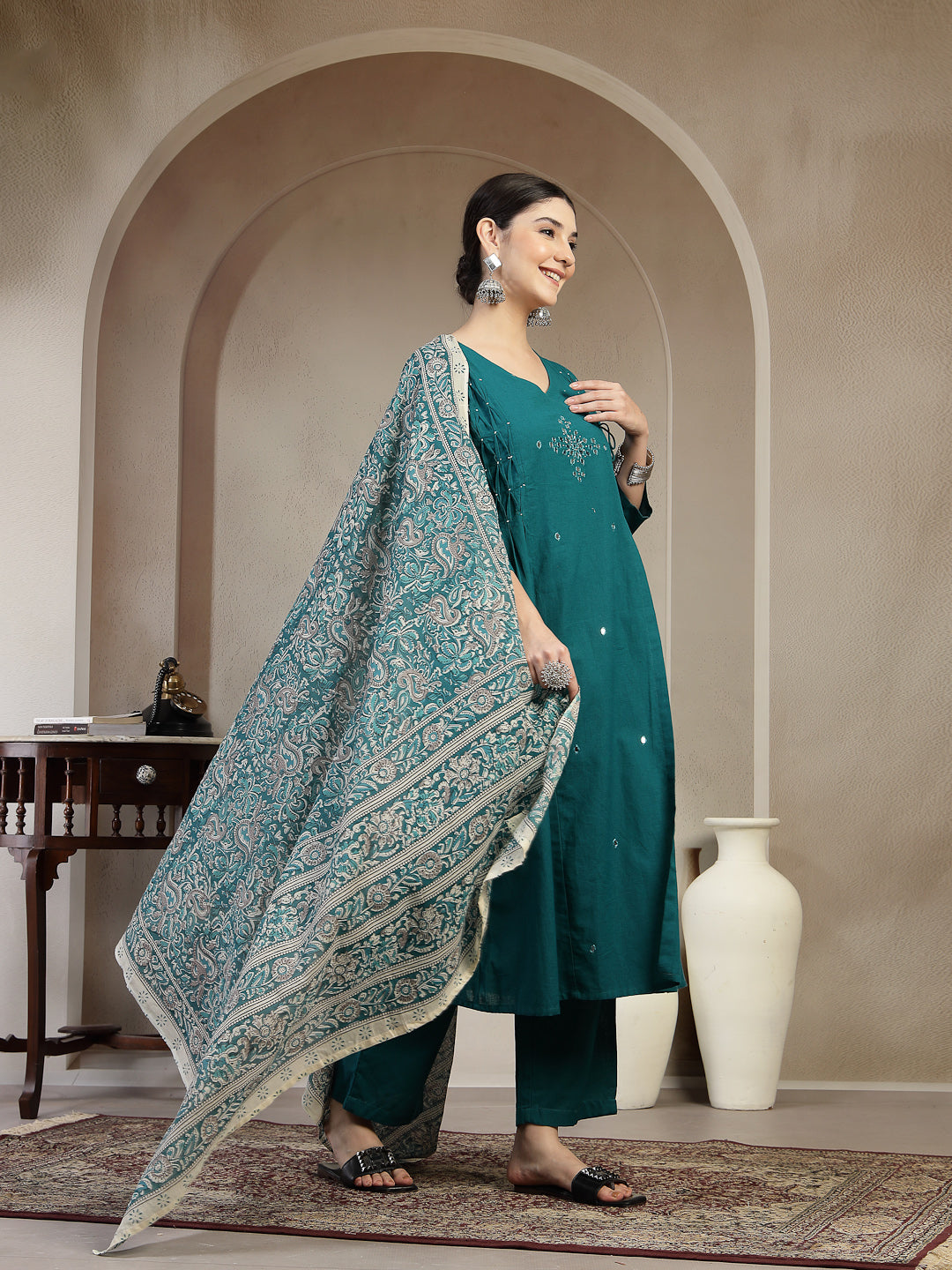 Cotton Calf Length Solid 3/4 Sleeve V Neck A Line Kurta Suit Set With Dupatta With Dupatta (Pre-Order)