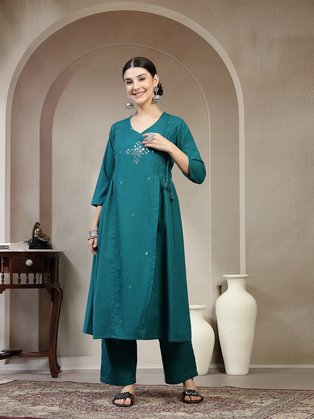 Cotton Calf Length Solid 3/4 Sleeve V Neck A Line Kurta Suit Set With Dupatta With Dupatta