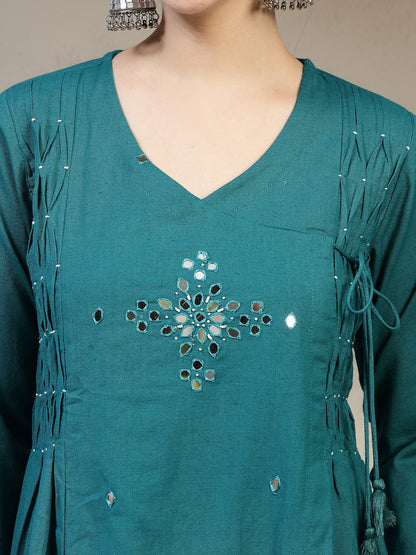 Cotton Calf Length Solid 3/4 Sleeve V Neck A Line Kurta Suit Set With Dupatta With Dupatta