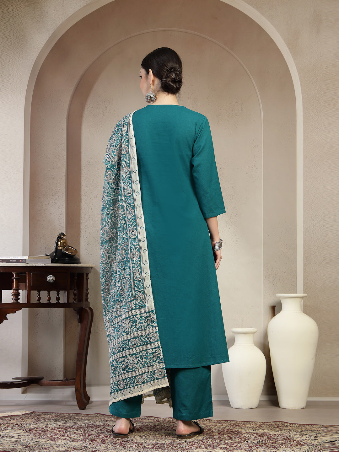 Cotton Calf Length Solid 3/4 Sleeve V Neck A Line Kurta Suit Set With Dupatta With Dupatta (Pre-Order)