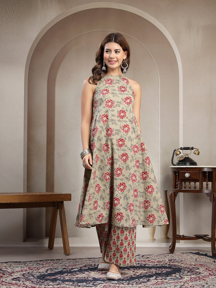 Cotton Calf Length Printed Sleeveless Round Neck Flared Kurta Suit Set