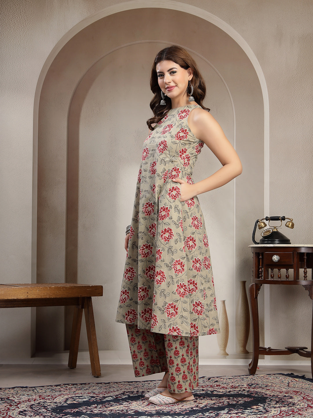 Cotton Calf Length Printed Sleeveless Round Neck Flared Kurta Suit Set