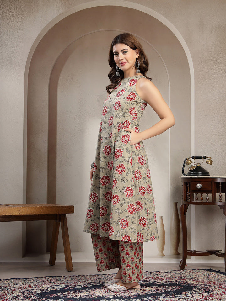 Cotton Calf Length Printed Sleeveless Round Neck Flared Kurta Suit Set