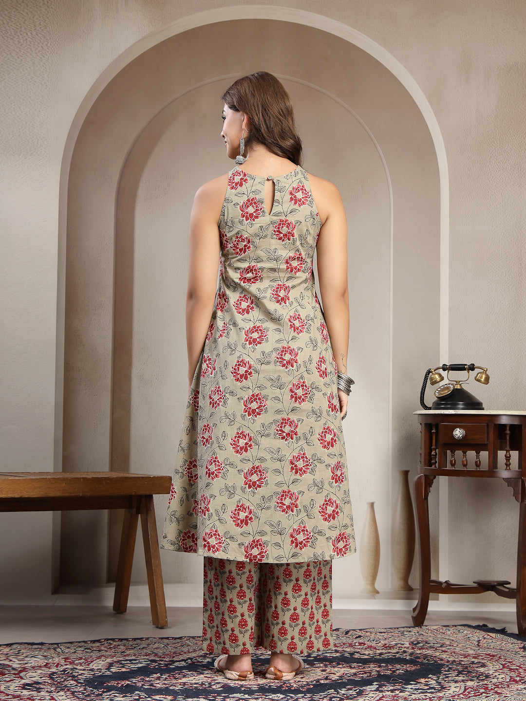 Cotton Calf Length Printed Sleeveless Round Neck Flared Kurta Suit Set