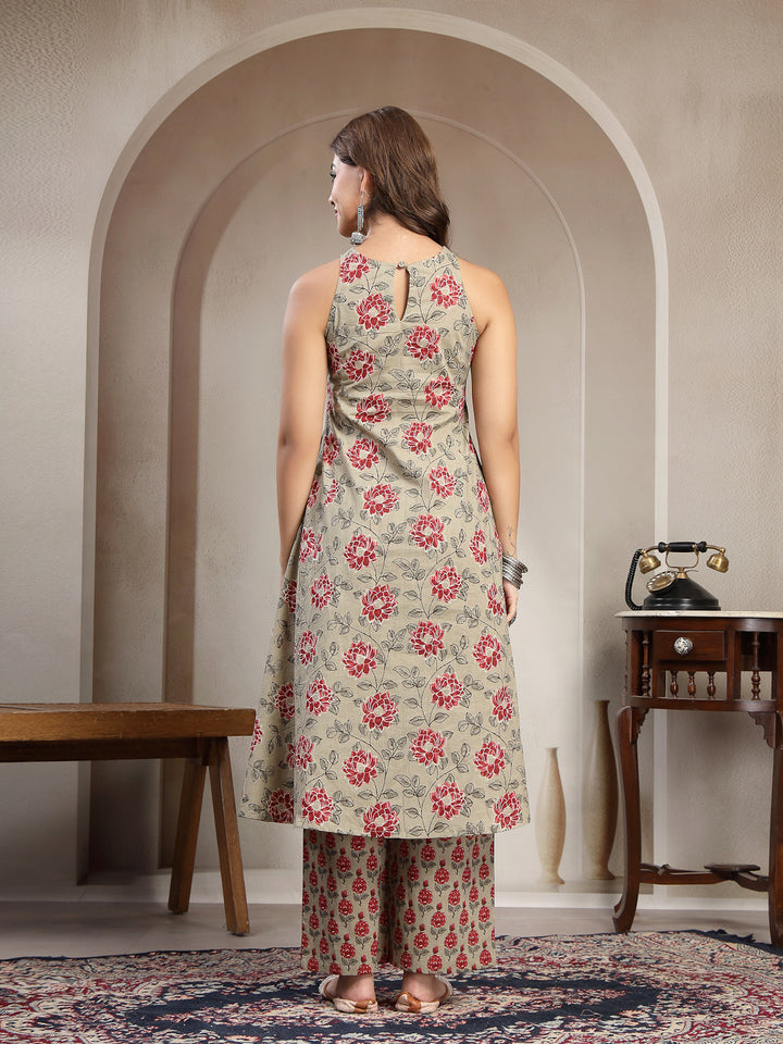 Cotton Calf Length Printed Sleeveless Round Neck Flared Kurta Suit Set
