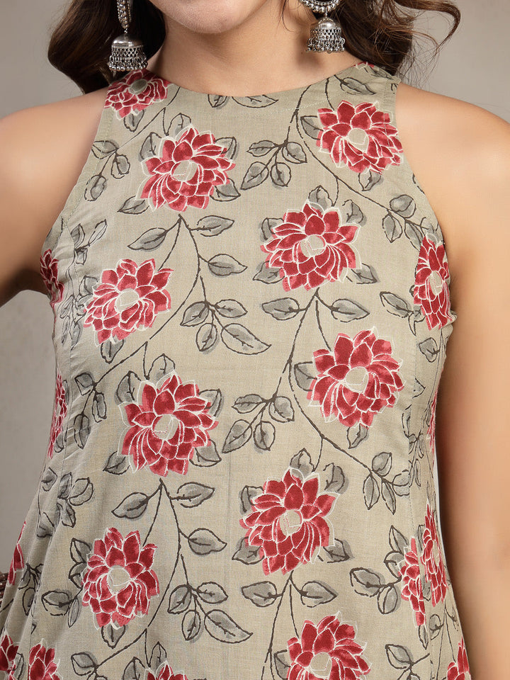 Cotton Calf Length Printed Sleeveless Round Neck Flared Kurta Suit Set