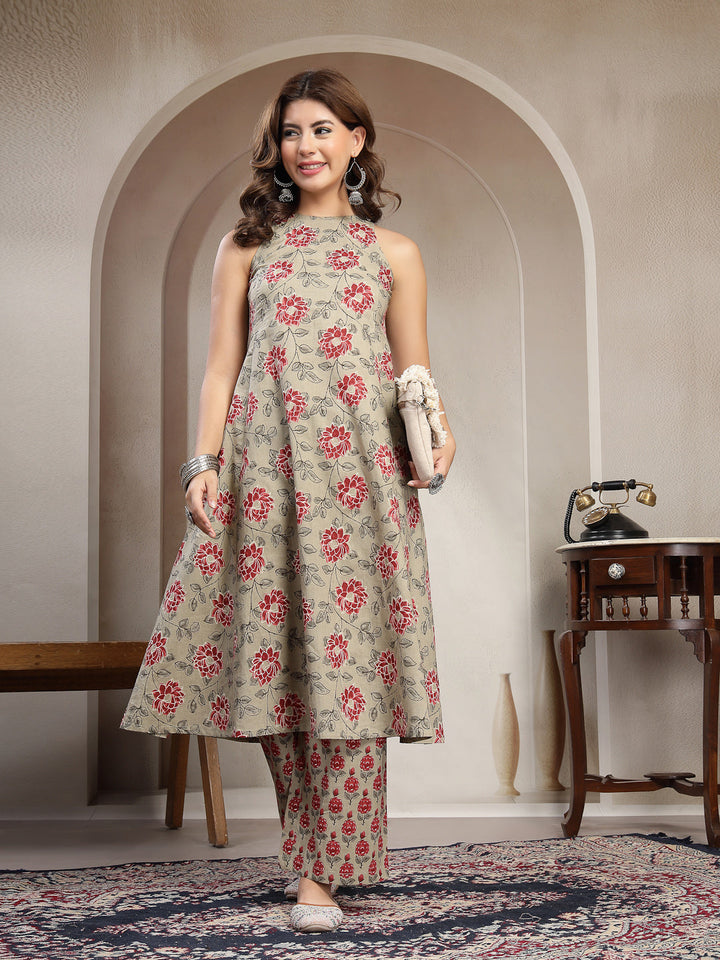 Cotton Calf Length Printed Sleeveless Round Neck Flared Kurta Suit Set