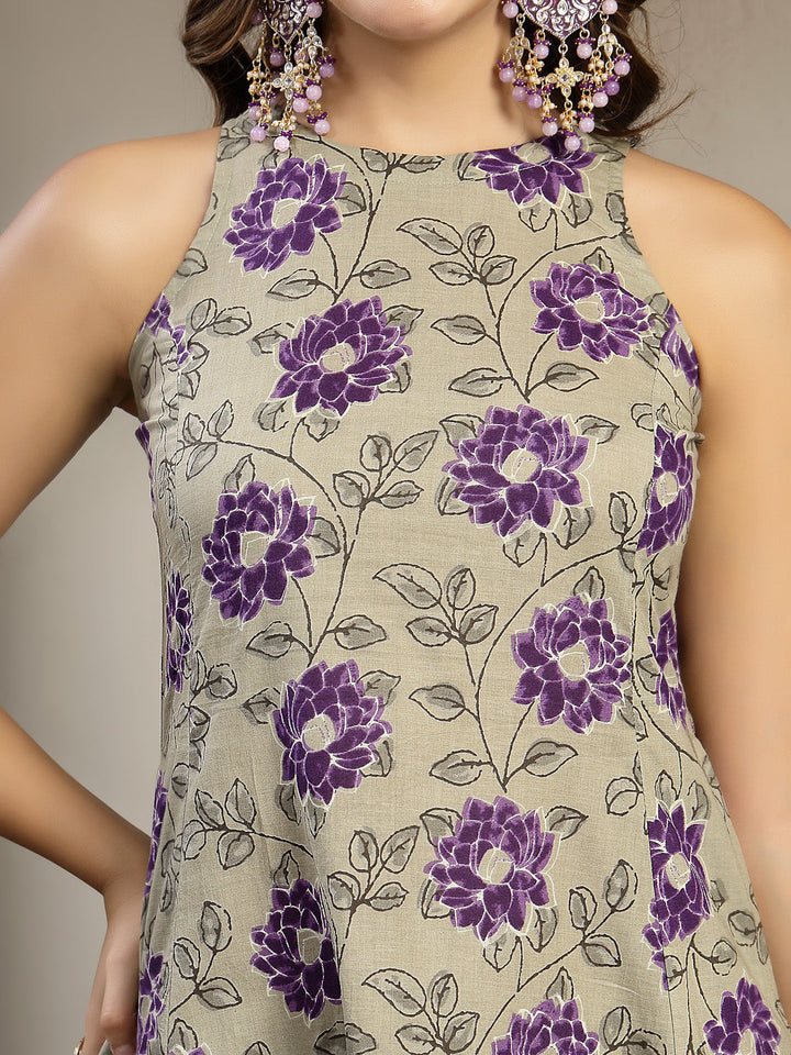 Cotton Calf Length Printed Sleeveless Round Neck Flared Kurta Suit Set