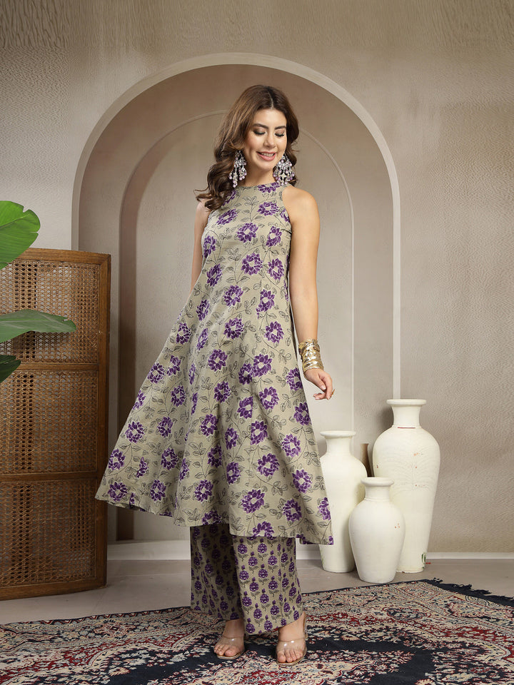 Cotton Calf Length Printed Sleeveless Round Neck Flared Kurta Suit Set