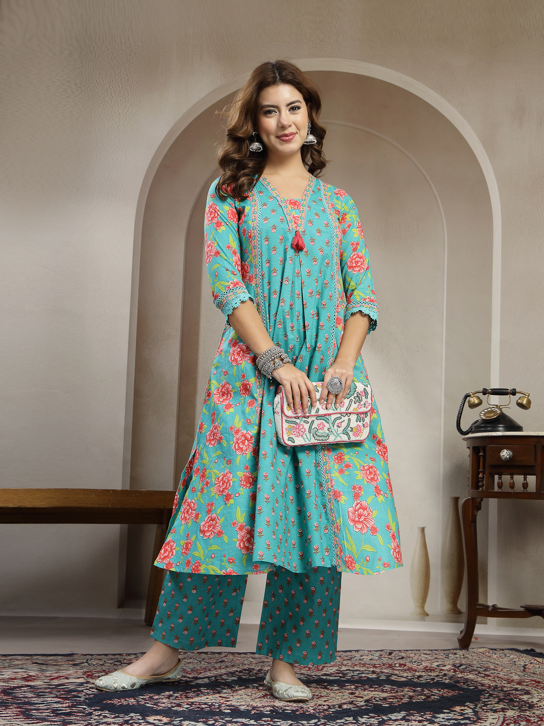 Cotton Calf Length Printed 3/4 Sleeve V-Neck Flared Kurta Suit Set